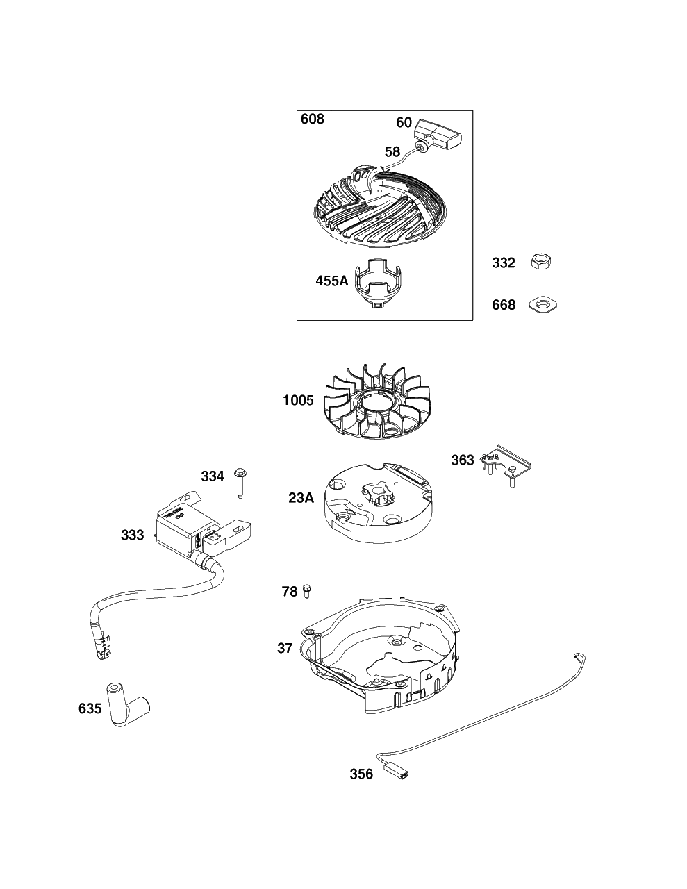 Flywheel, Ignition, And Starter Group Diagram and Parts List for 93J02-0118-H1  Briggs and Stratton Engine
